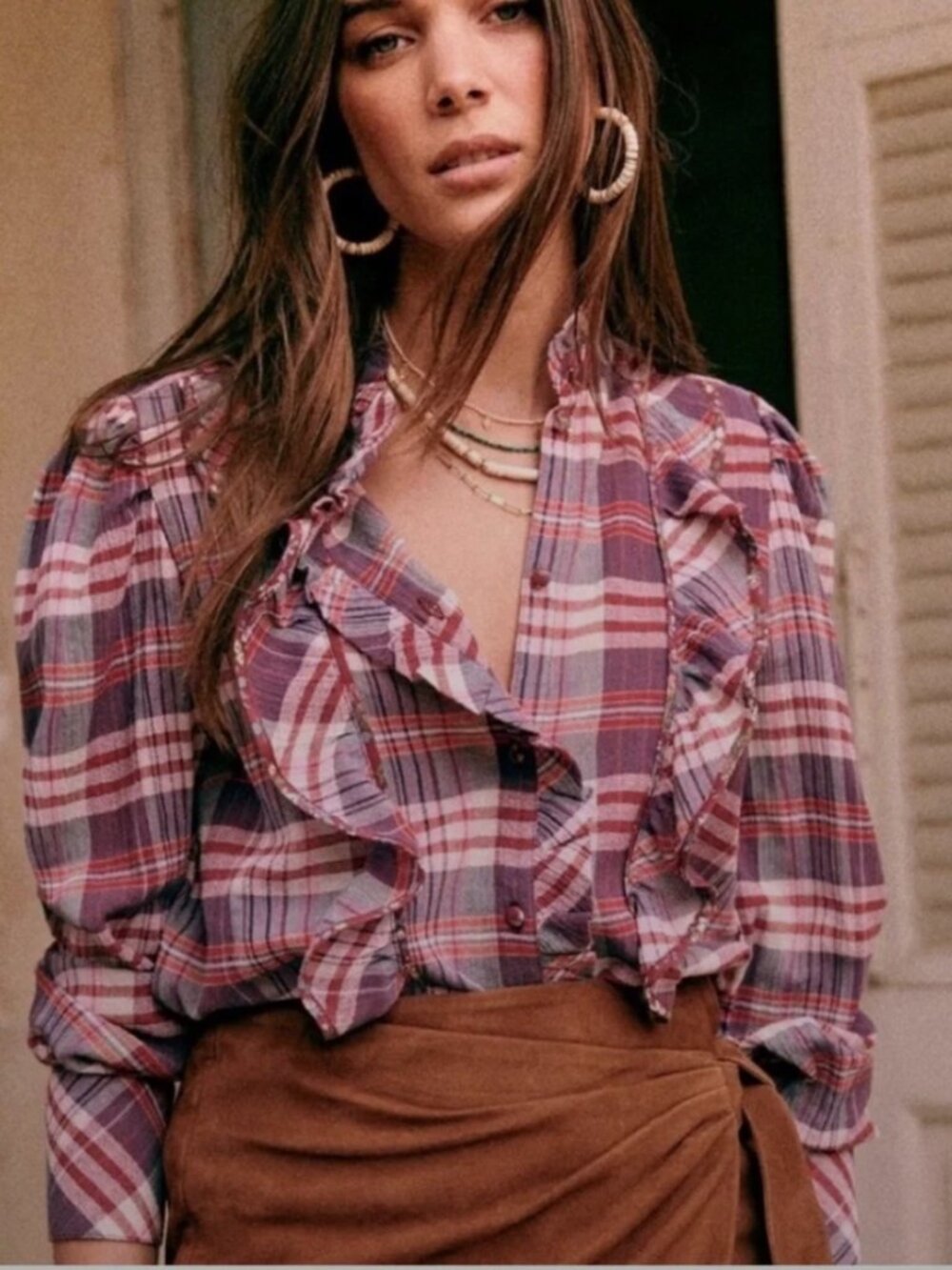 Sezane Melodia 100% Cotton Plaid Ruffle Button-Up Blouse